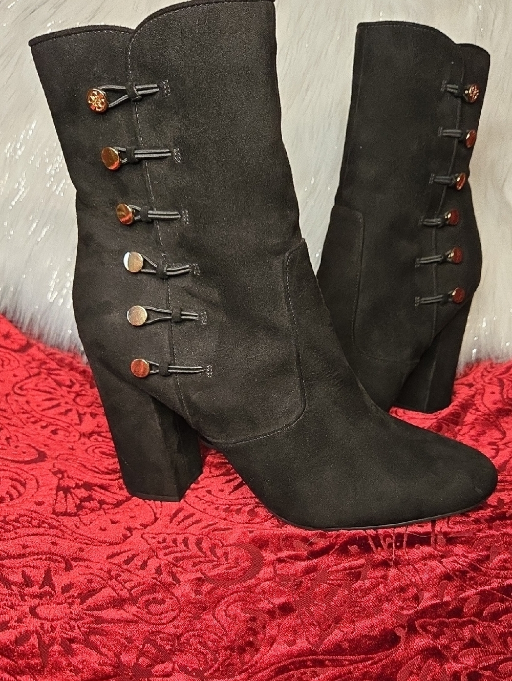 Guess Women's Black Suede Button-Accent Mid Heel Boots
